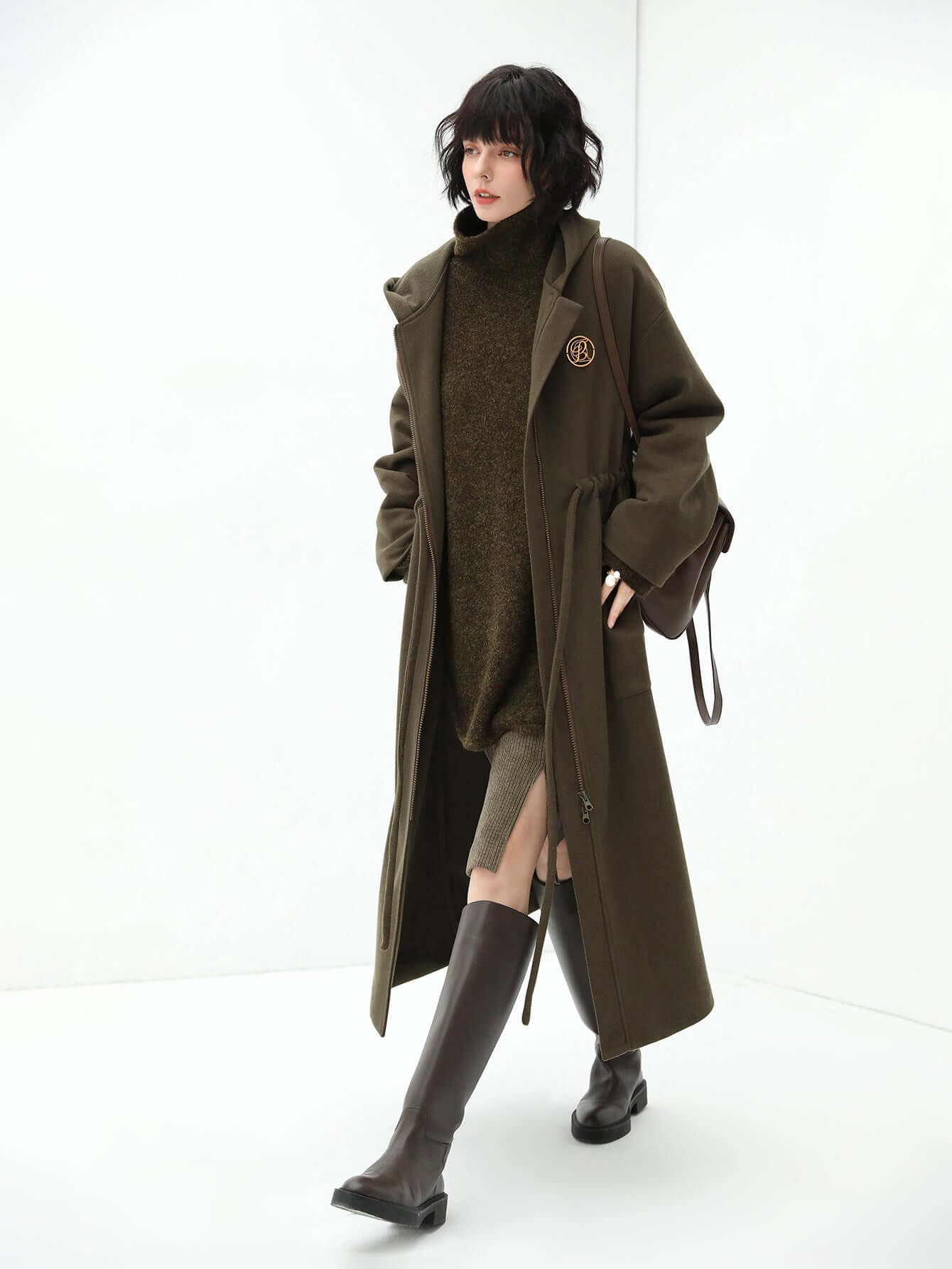 Adjustable Drawstring Brown Hooded Wool Coat Women