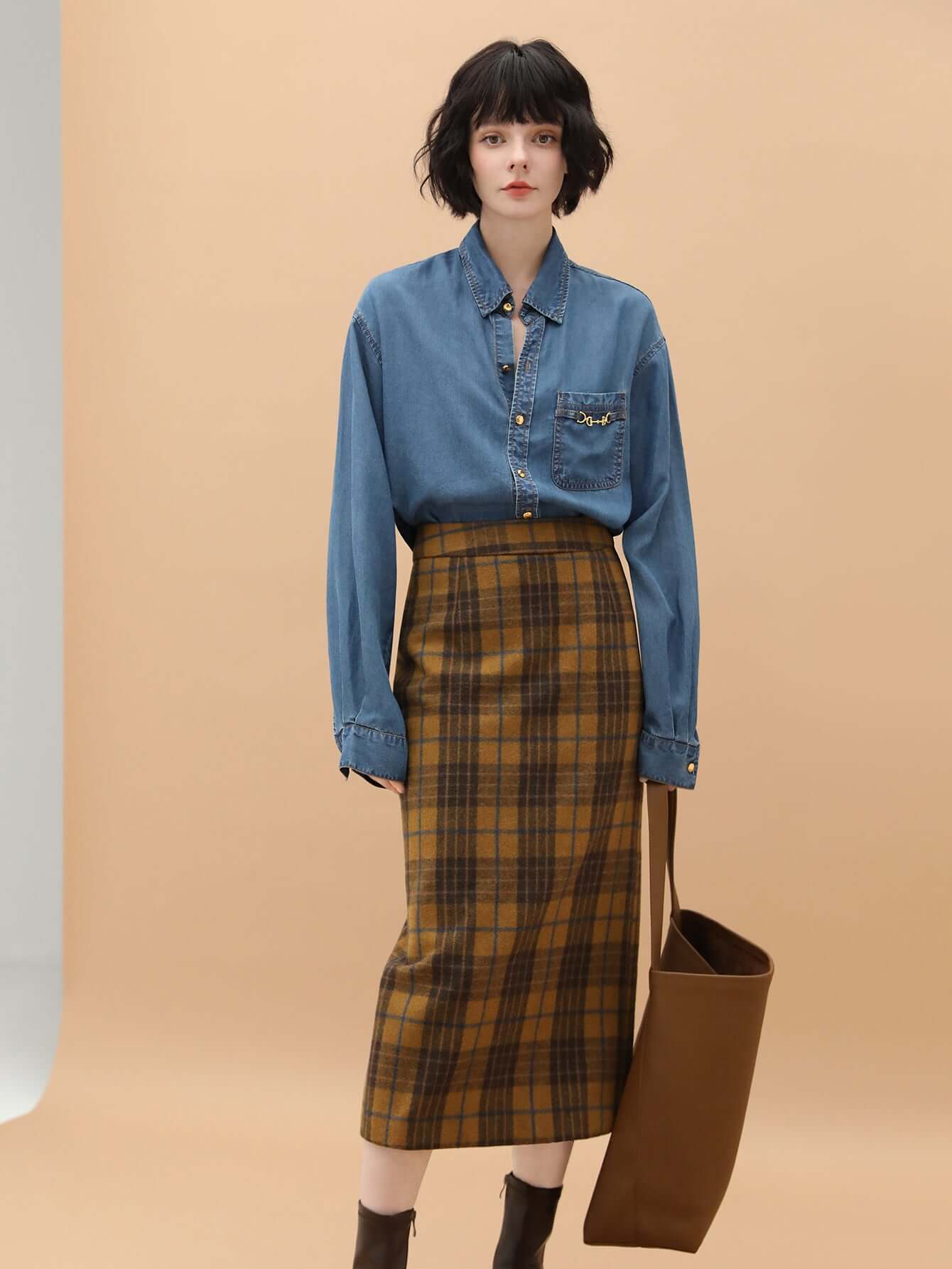 British-Style Brown Plaid Midi Skirt