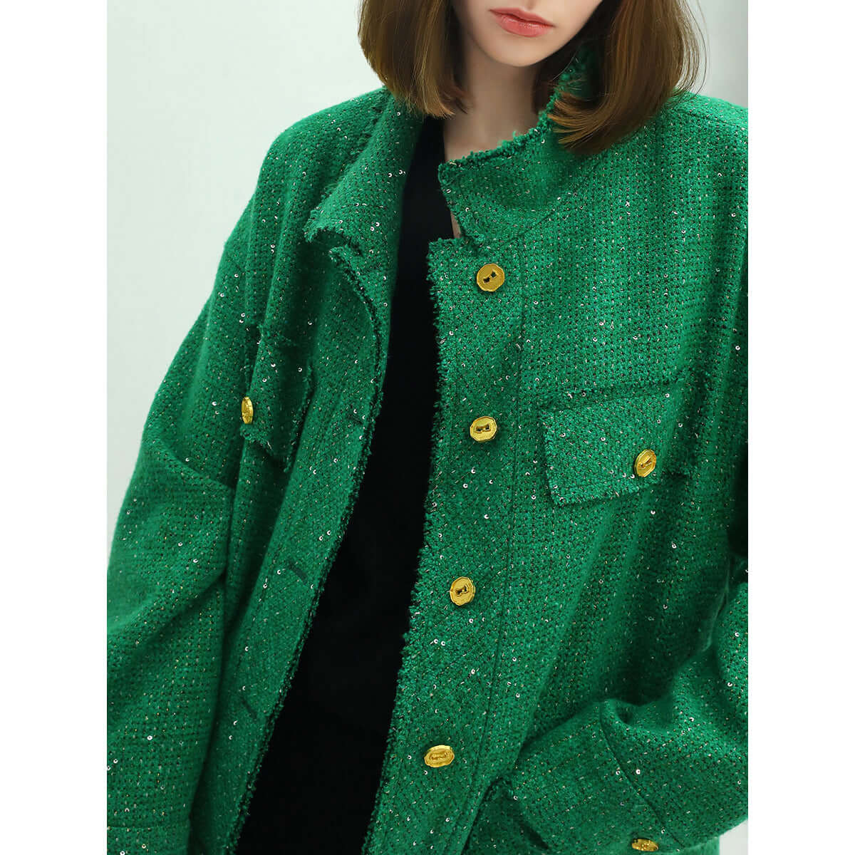 Emerald Green Single Breasted Tweed Coat with Gold Buttons