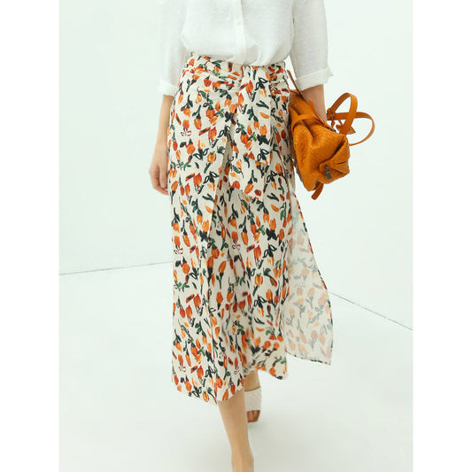 Floral Tie Twist Wrap Skirt Orange