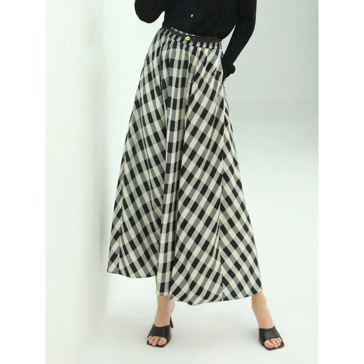 Full A Line High-Waist Checkered Maxi Skirt