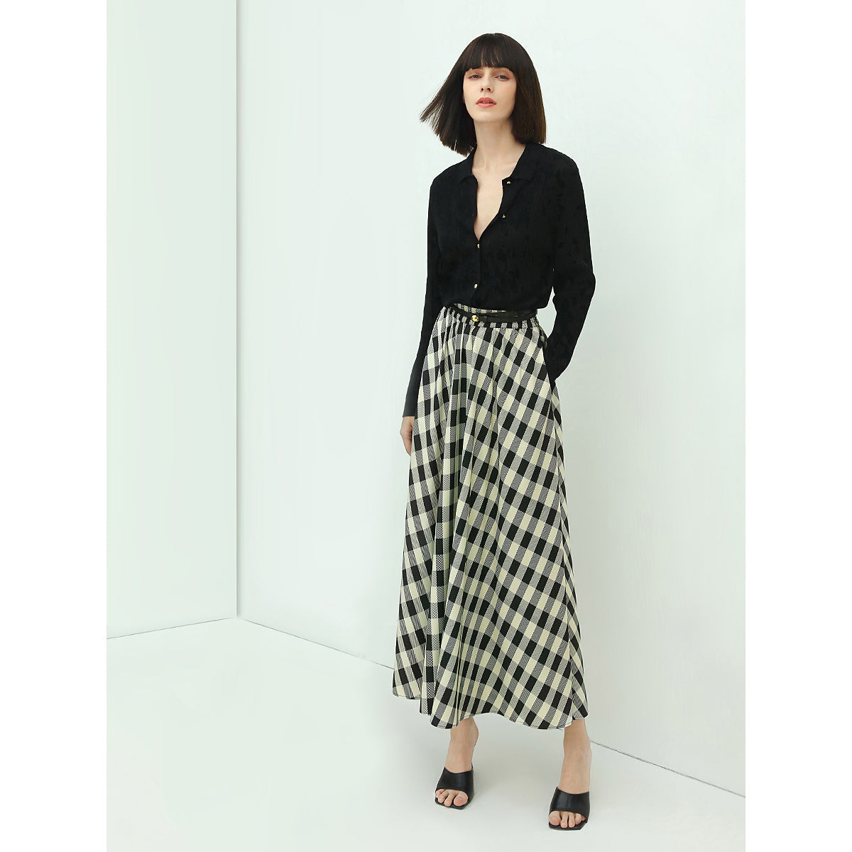 Full A Line High-Waist Checkered Maxi Skirt