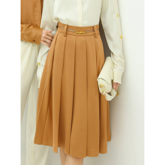 High Waist Pleated Belted Brown Skirt