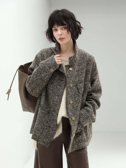 Luxurious Sequin-Knit Wool Coat in Mocha