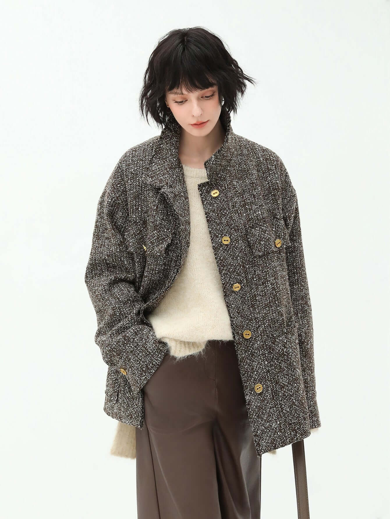 Luxurious Sequin-Knit Wool Coat in Mocha