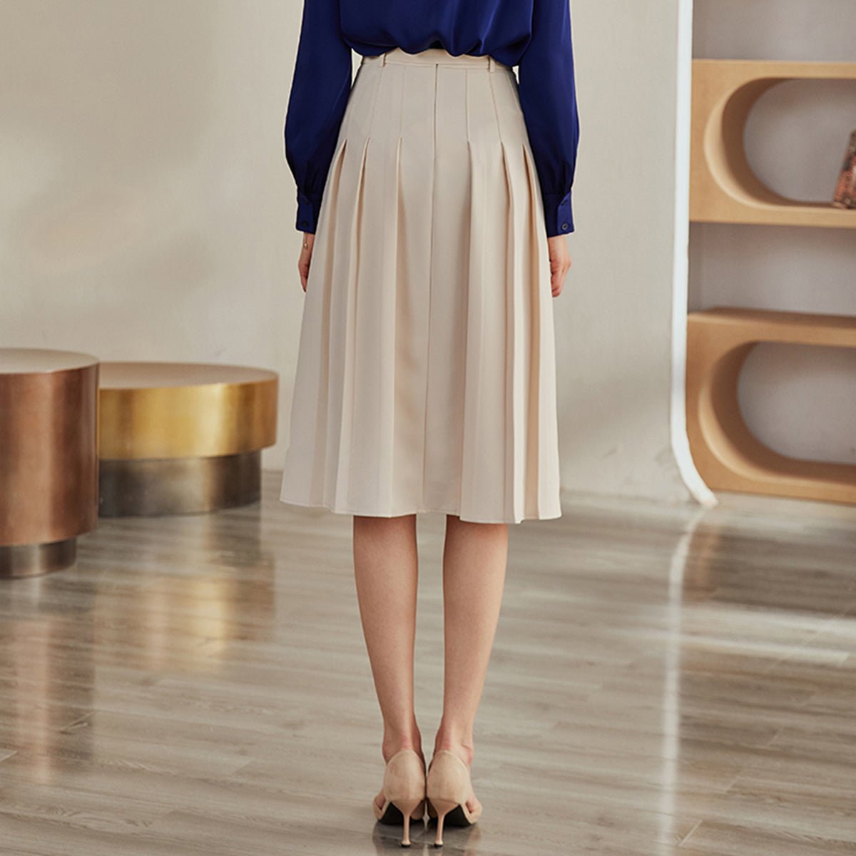 Pleated Apricot High-Waist Skirt