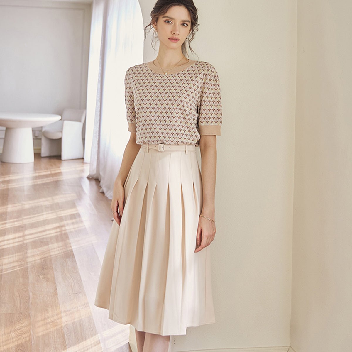 Pleated Apricot High-Waist Skirt